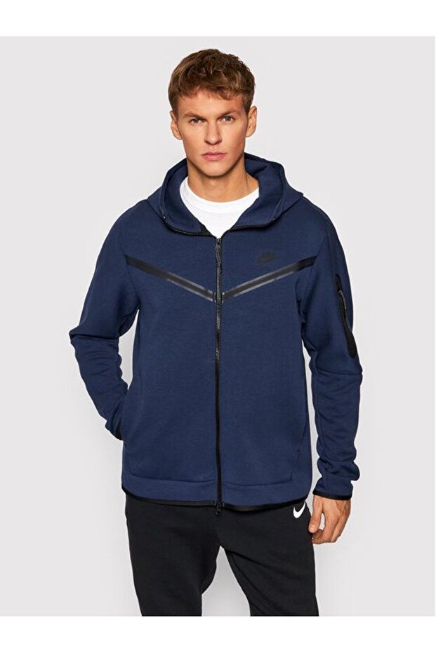 هودي رجالي من Tech Fleece باللون الأزرق الداكن - ملابس رياضية بسحاب كامل