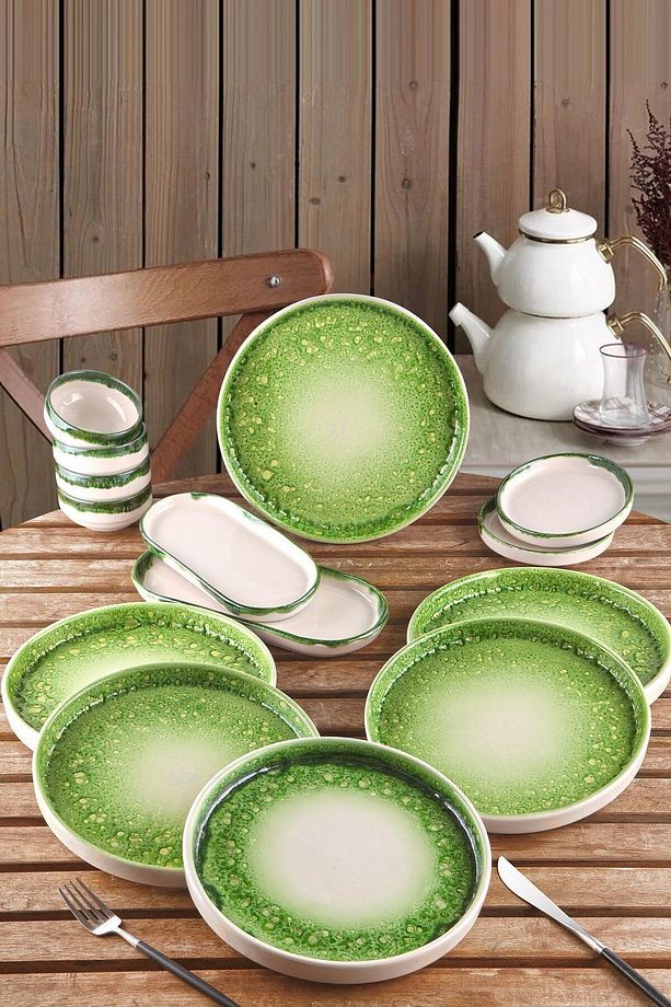 14 Parça 6 Kişilik Volkanik Zümrüt Parlak Renkli Stackable Kahvaltı Takımı - Kahvaltılık Tabağı - 1