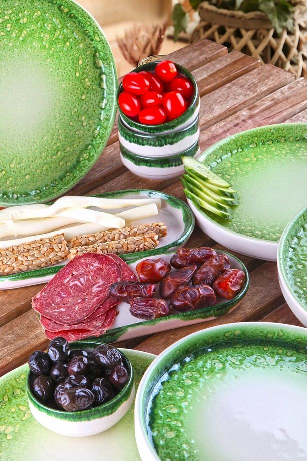 14 Parça 6 Kişilik Volkanik Zümrüt Parlak Renkli Stackable Kahvaltı Takımı - Kahvaltılık Tabağı - 3
