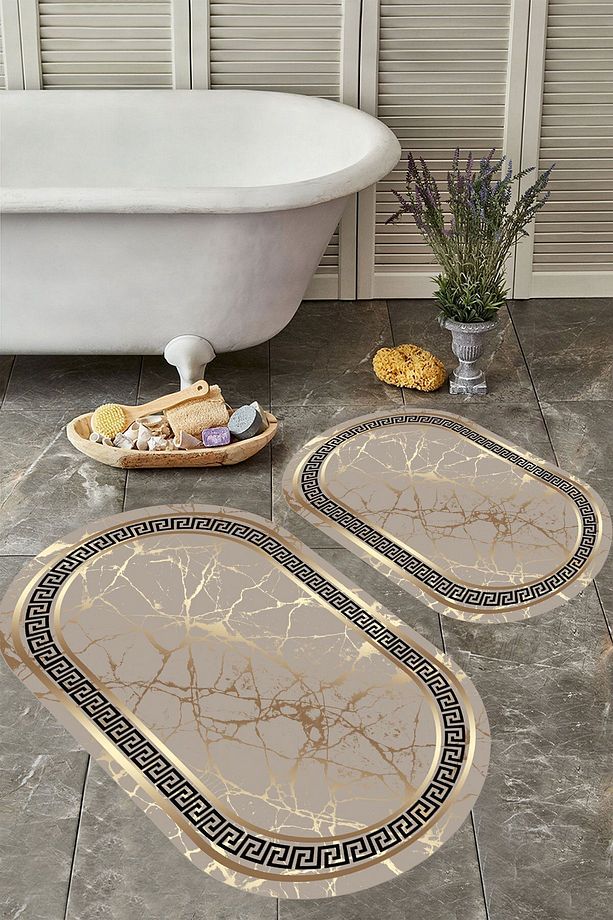 Kaymaz Taban Yıkabilir Toz Leke Tutmaz 2li Set Klozet Oval Banyo Paspas Takımı - 1