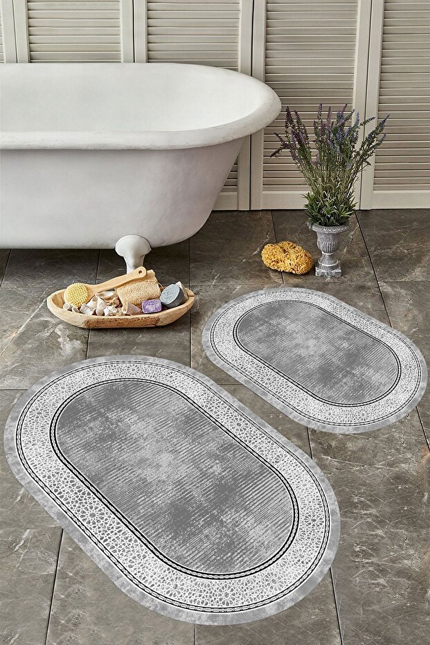 Non-Slip Base Washable Dust Stain Resistant 2-Piece Oval Toilet Bathroom Mat Set