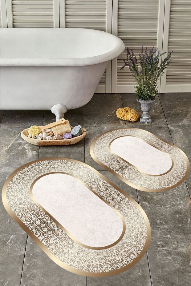 Kaymaz Taban Yıkabilir Toz Leke Tutmaz 2li Set Klozet Oval Banyo Paspas Takımı - 1