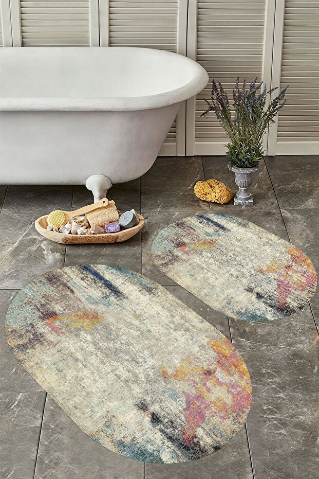 Non-Slip Base Washable Dust Stain Resistant 2-Piece Oval Toilet Bathroom Mat Set