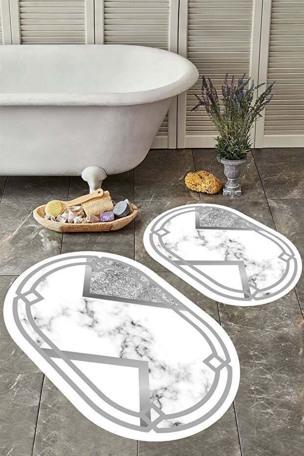 Non-Slip Base Washable Dust Stain Resistant 2-Piece Oval Toilet Bathroom Mat Set
