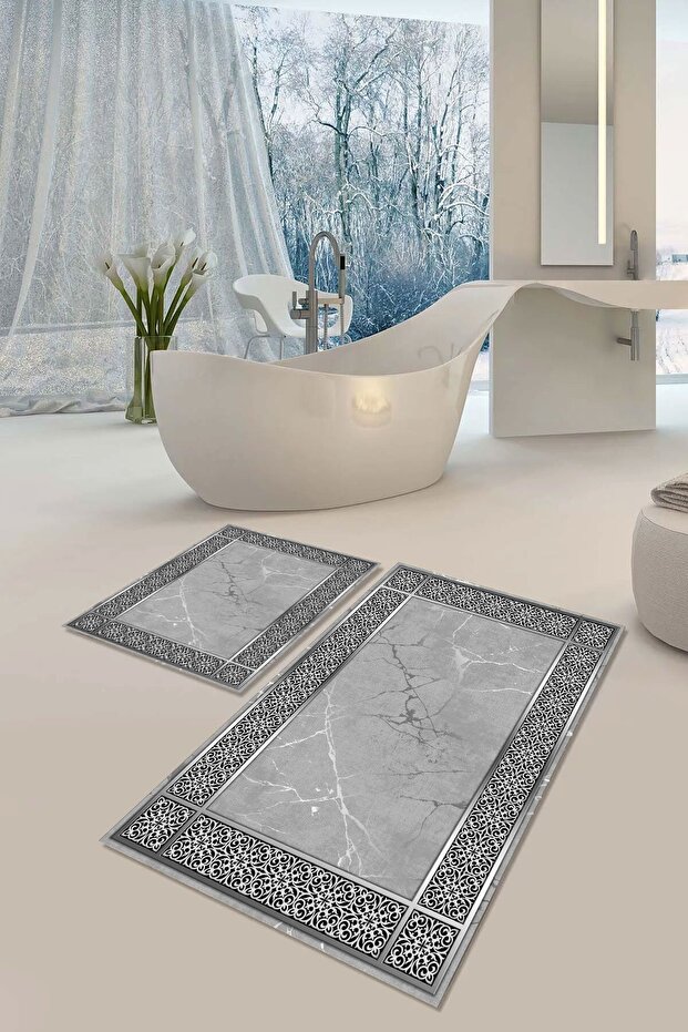 Non-Slip Sole Washable Dust Stain Resistant 2-Piece Set Toilet Bathroom Mat Set