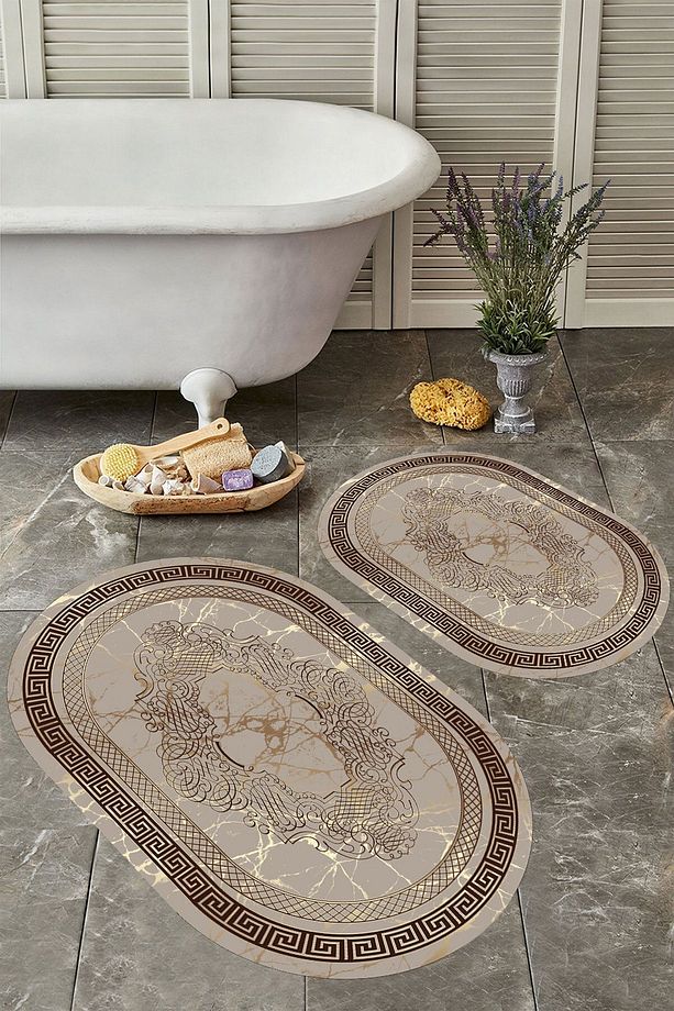 Kaymaz Taban Yıkabilir Toz Leke Tutmaz 2li Set Klozet Oval Banyo Paspas Takımı - 1