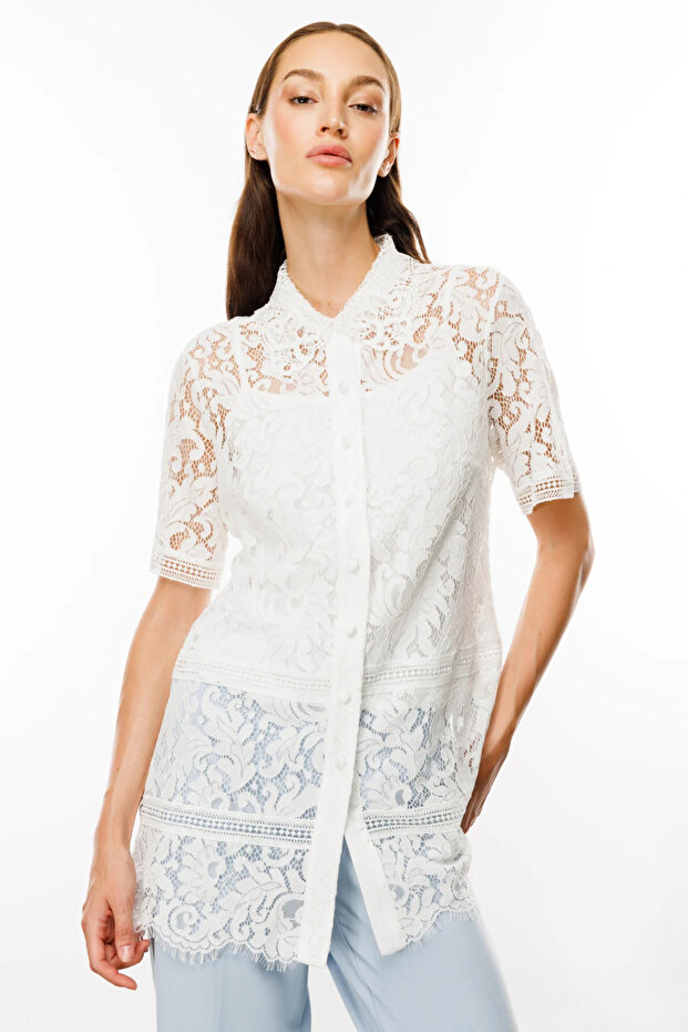 Women's Lace Front Buttoned Short Sleeve Tunic 5100 Ecru