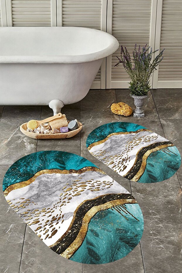 Non-Slip Base Washable Dust Stain Resistant 2-Piece Oval Toilet Bathroom Mat Set