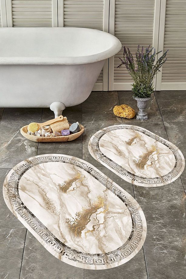 Kaymaz Taban Yıkabilir Toz Leke Tutmaz 2li Set Klozet Oval Banyo Paspas Takımı - 1