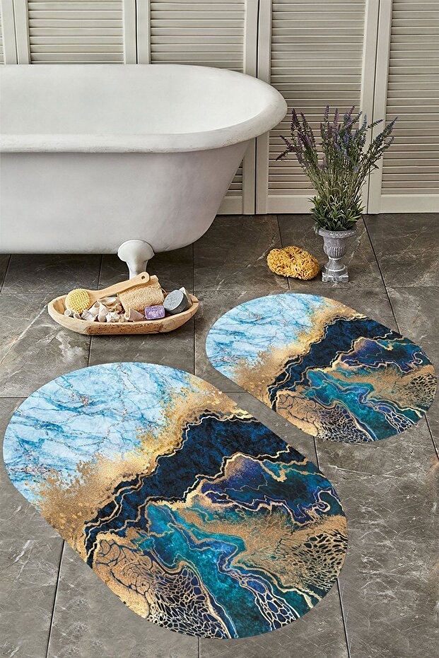 Non-Slip Base Washable Dust Stain Resistant 2-Piece Oval Toilet Bathroom Mat Set