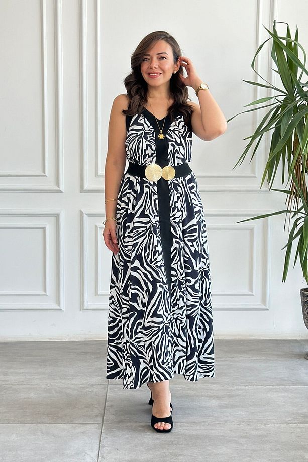 Zebra Desenli Önü Şerit Detaylı İp Askılı Elbise - 3