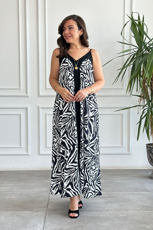 Zebra Desenli Önü Şerit Detaylı İp Askılı Elbise - 6