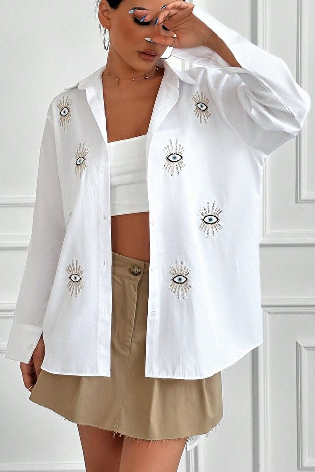 Women's White Evil Eye Bead Embroidered Long Sleeve Shirt