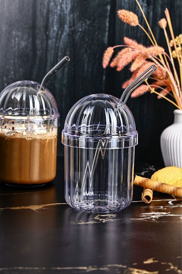 2'li Soğuk Kahve Bardağı Kubbe Model Pipetli 430ML Mika plastik Kahve Sunum Bardağı - 2