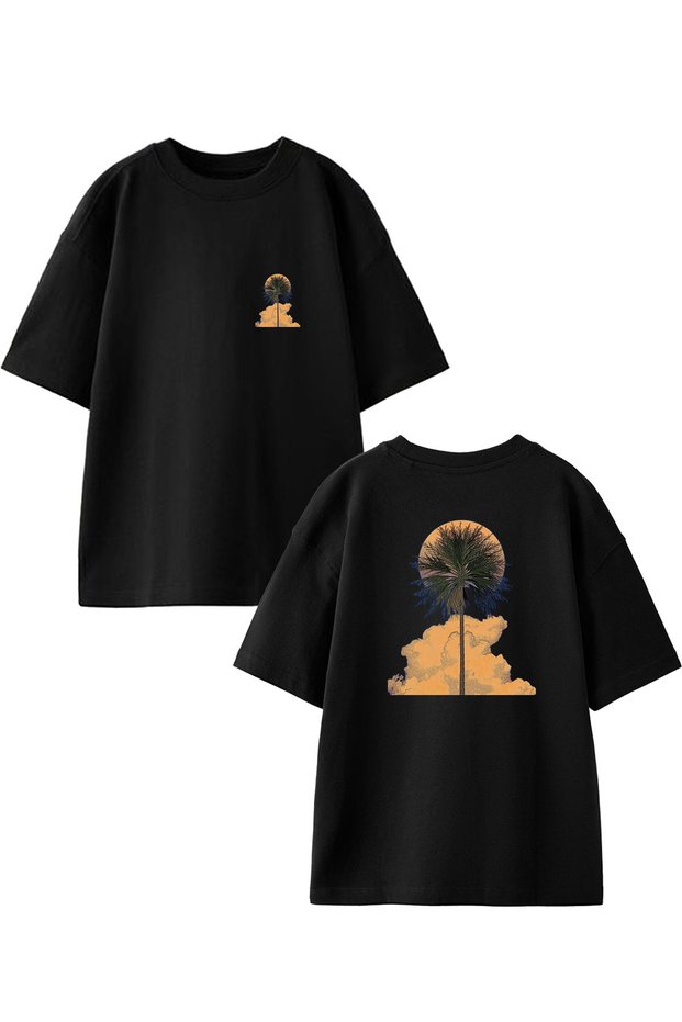 Unisex Black Oversize Cotton Tree Full Moon Front and Back Printed Knitted T-Shirt