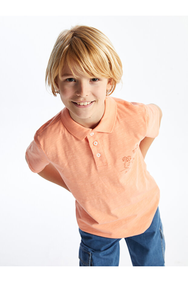Lcw Kids Light Orange Polo Collar Printed Short Sleeve Boys' T-Shirt (S4)