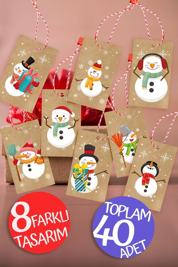New Year and Winter Gift Kraft Label, Snowman Label, 40 Pieces 5X8 Cm, Locked Rope, Perforated Label