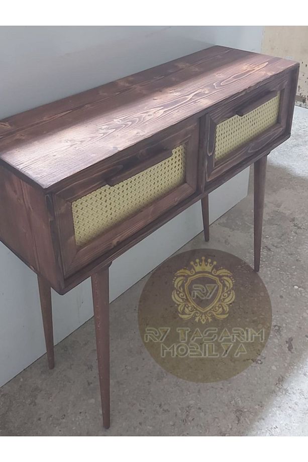 Ahşap Hasır Desenli Hazeran Çift Çekmeceli Dresuar Konsol ceviz boyalı - 5