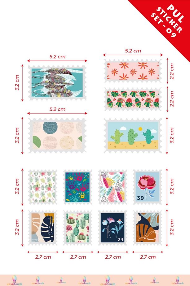 102adet Pul Şekilli Sticker Etiket Seti ( 4 Sayfa A5 Boyut) - 2
