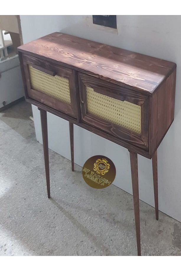 Ahşap Hasır Desenli Hazeran Çift Çekmeceli Dresuar Konsol ceviz boyalı - 4