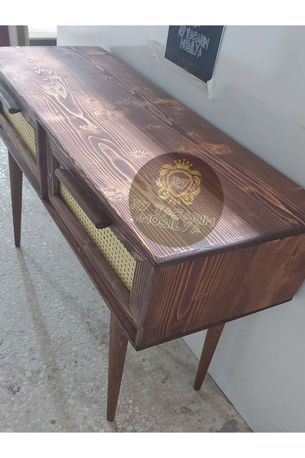 Ahşap Hasır Desenli Hazeran Çift Çekmeceli Dresuar Konsol ceviz boyalı - 6