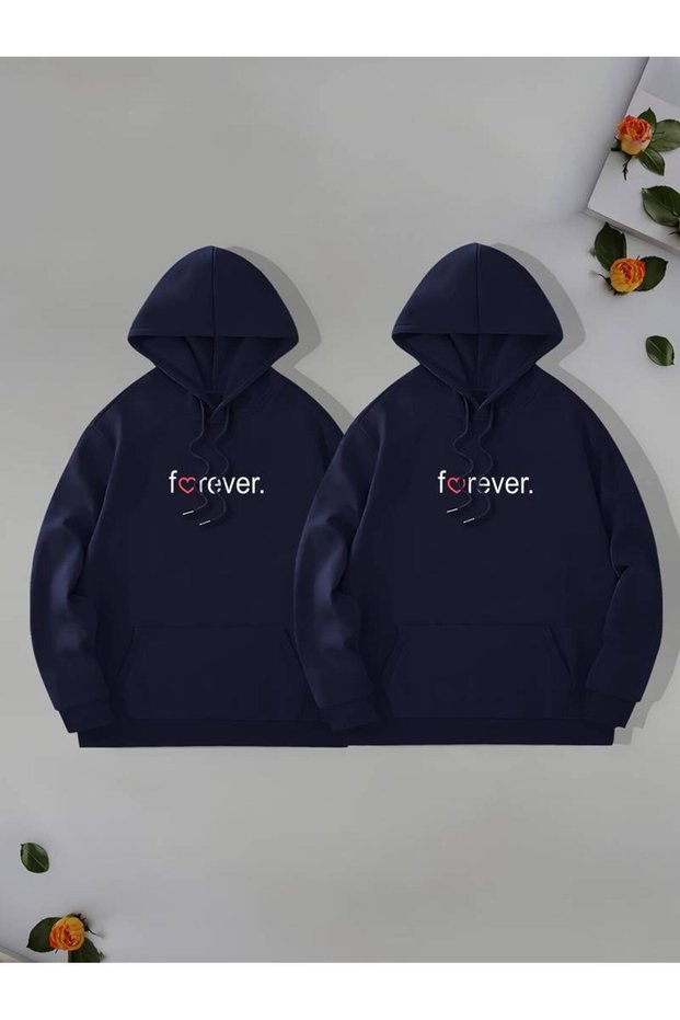 Eternal Love - Heart Printed Oversize Winter Hooded Pocket Sweatshirt Hoodie