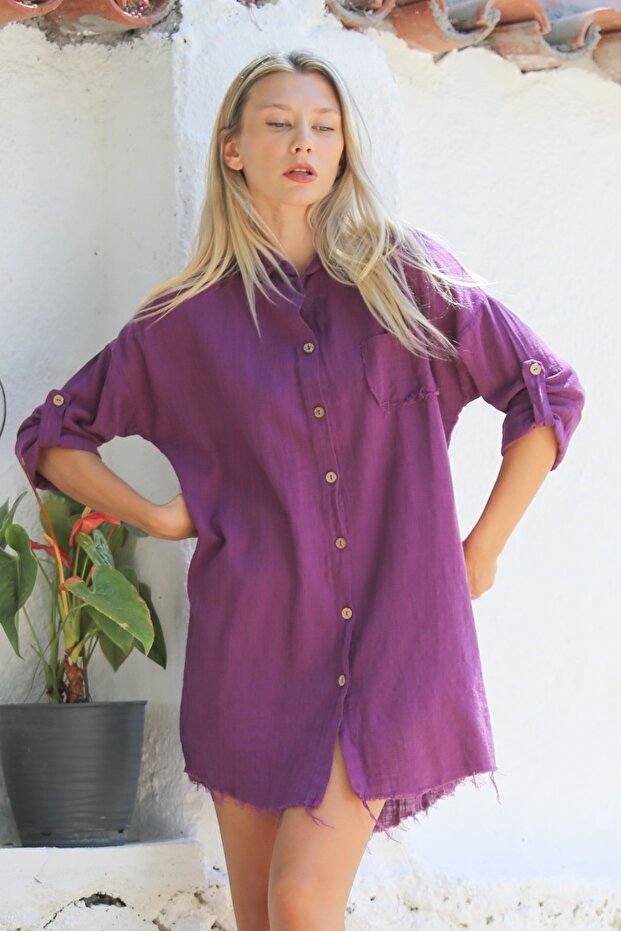 Cămașă mov din bumbac - Cămașă casual lavabilă cu nasturi cu rever, mâneci lungi și buzunare - 5