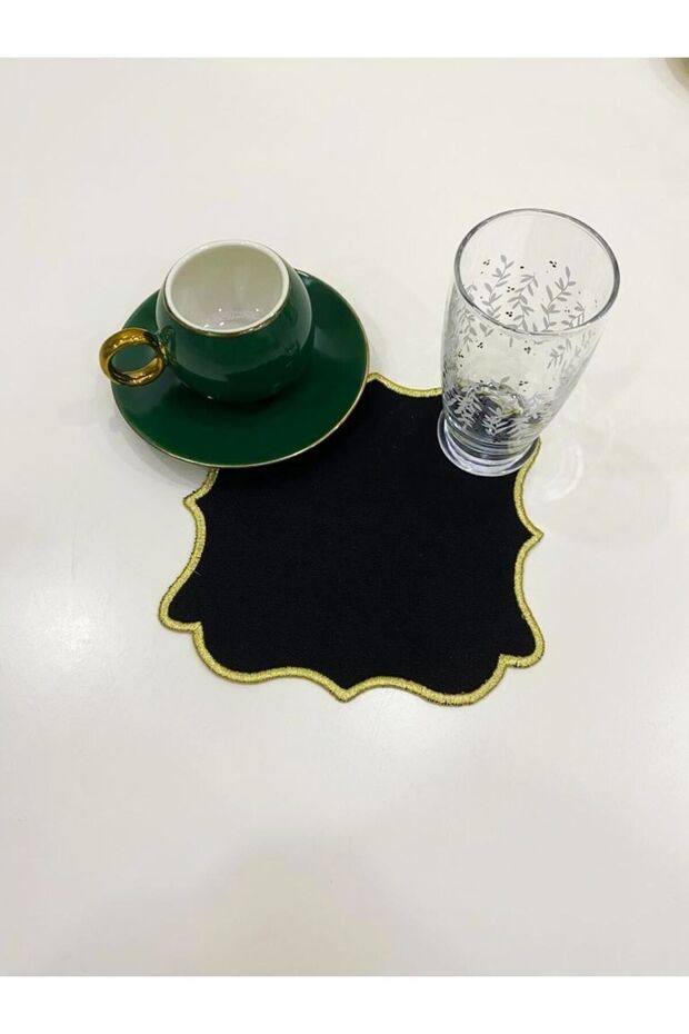 6 Pieces Linen Fabric Single Wrap Brown Embroidered Coffee Side Cocktail Napkin & Coasters