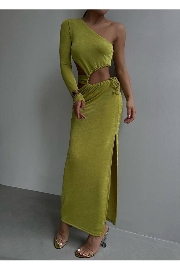 KADIN YEŞİL VÜCUDA OTURAN TEK OMUZLU CUT-OUT MODEL ASİMETRİK KESİM YIRTMAÇ DETAYLI MAXİ ELBİSE - 3