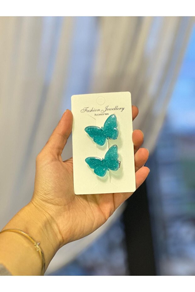 Butterfly Motif Epoxy Turquoise Color Glitter Children's Clamp Buckle Gift Buckle