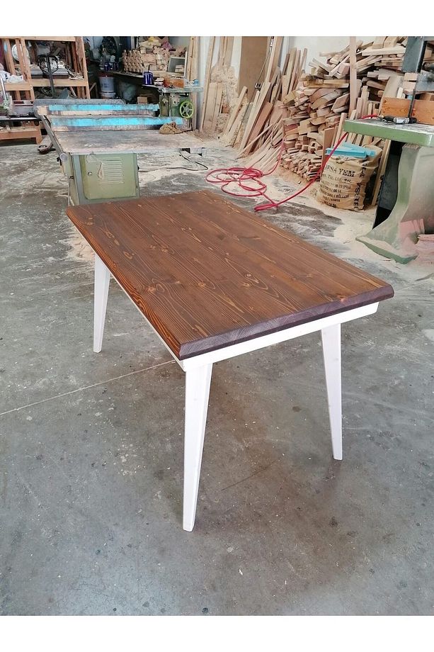Kare Konik Ayaklı Masif Ahşap Kütük Masa, 120x70 cm, Çalışma-Yemek-Mutfak-Kafe Masası - 1