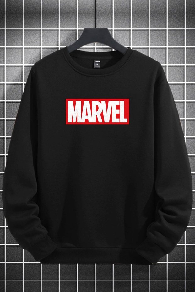 Unisex Women's Men's Marvel Written Design Logo Printed Crew Neck Black Sweatshirt