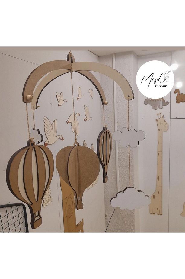 Mishe Tasarım Ahşap Uçan Balon Model Çocuk Odası Yatak Üstü Dönence - 1