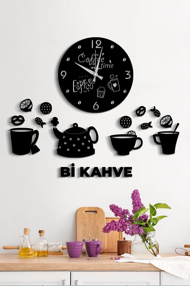 Kahve Zamanı Bi Kahve Yazılı Mutfak Dekoratif Duvar Saati - 1