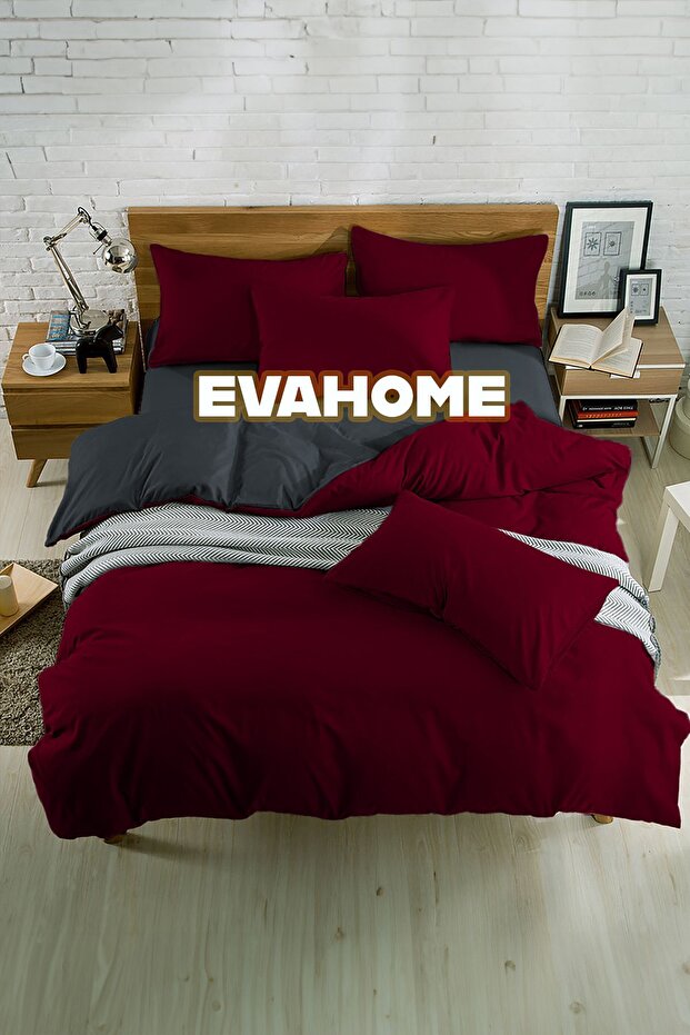 Burgundy-Anthracite Double Sided Cotton Luxury Duvet Cover Set, Bed Sheet and 2 Pillowcases