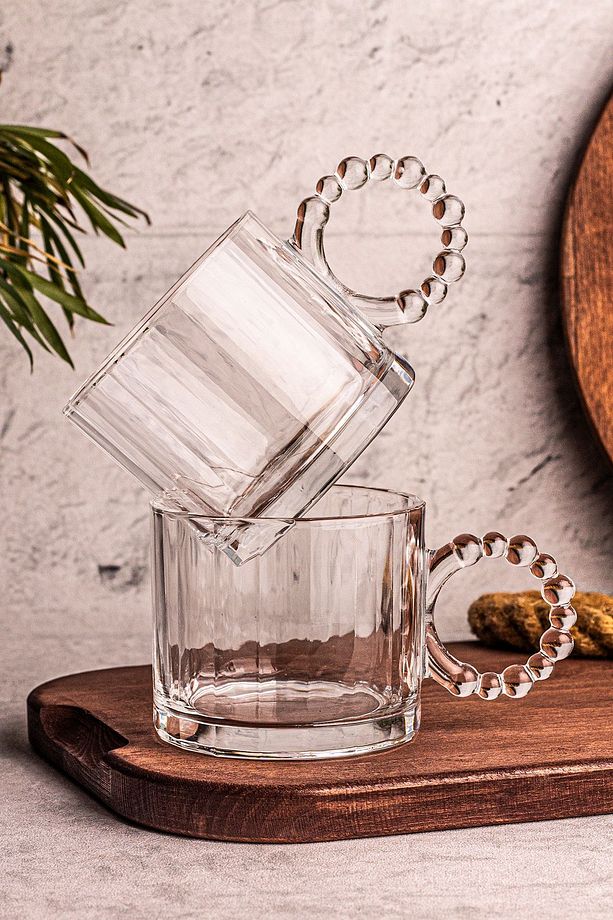 Cuppy - 2 Adet Cam Bardak Boncuk Kulplu Kupa Çay Kahve Meşrubat Bardağı 300 ml - 1