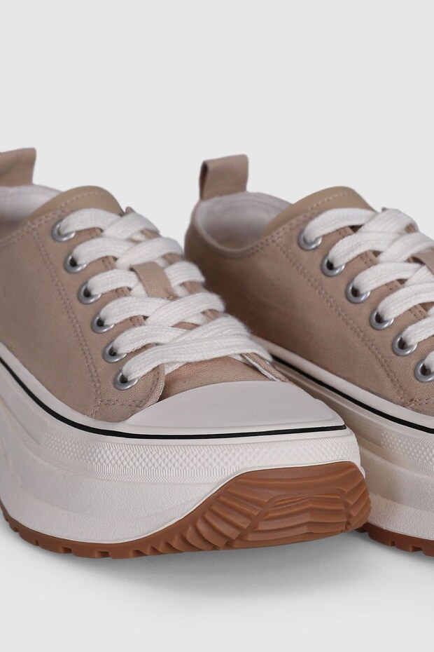 Kalın Taban Bağcıklı Kadın Sneaker Ayakkabı Bej - 1