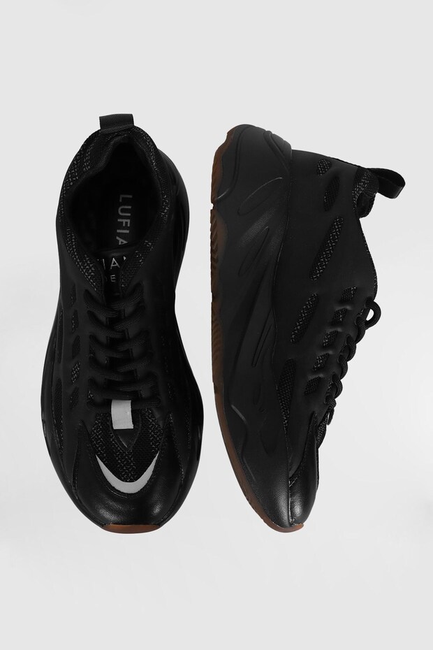Yüksek Taban Bağcıklı Erkek Sneaker Ayakkabı Siyah - 5