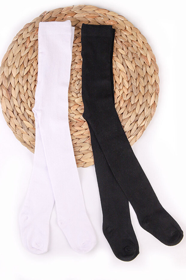 Girl's black and white colorful combed cotton 2-pack tights