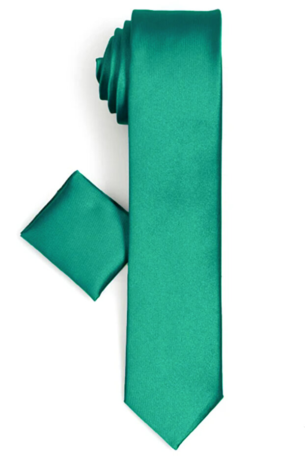 Men's Clover Green Plain Slim Fit Narrow Fit Tie with Handkerchief