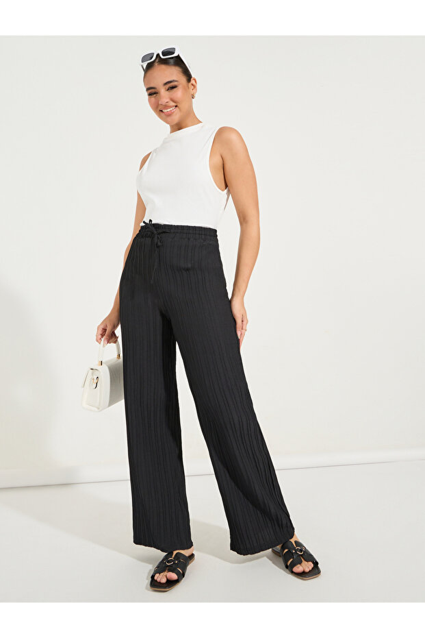 Textured Wide Leg Pants with Drawstrings