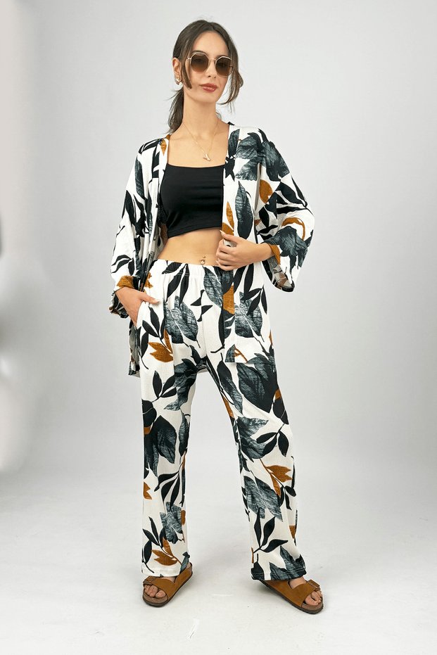 Women's Lycra Wrinkled Fabric Loose Wide Leg Palazzo Trousers Summer 2-Piece Top and Bottom Set Black