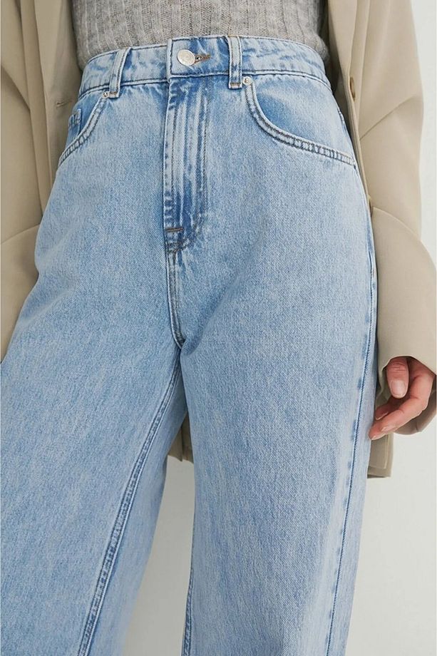 Goofy Açık Mavi Kar Yıkama Süper Yüksek Bel Bol Paça Denim Kot Pantolon - 4