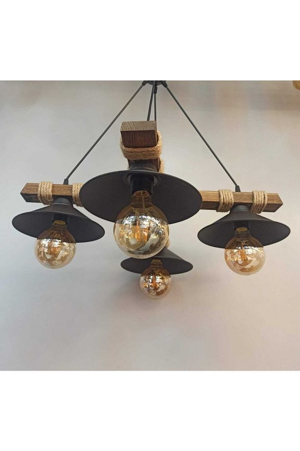 Avşa 4 Lü Ahşap Rustik Modern Halatlı Avize - 1