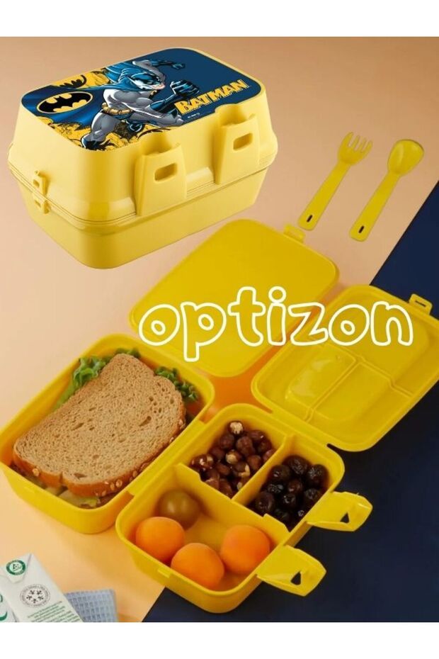 Batman Double Locked Lunch Box - Two Layers with Compartments and Fork and Spoon