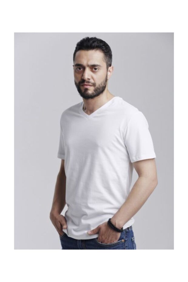 Klasik V Yaka Basıc T-shırt Beyaz - 2