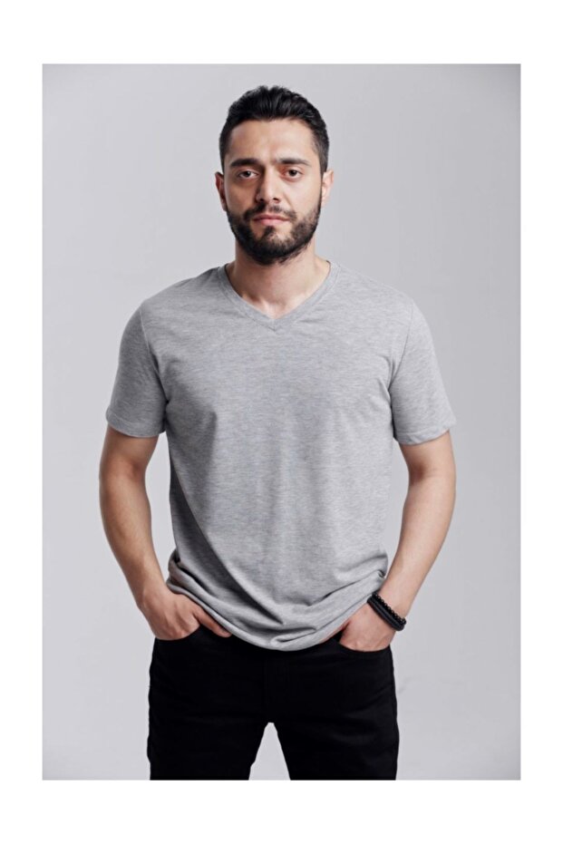 Klasik V Yaka Basıc T-shırt Gri Melanj - 3