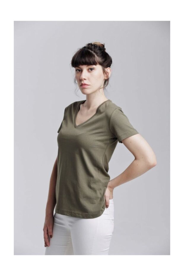 Klasik V Yaka Basıc T-shırt Haki - 3