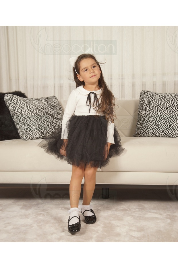 Girl's Peter Pan Collar Long Sleeve Lined Tulle Dress