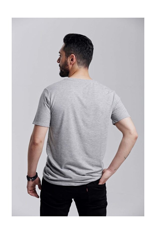 Klasik V Yaka Basıc T-shırt Gri Melanj - 2